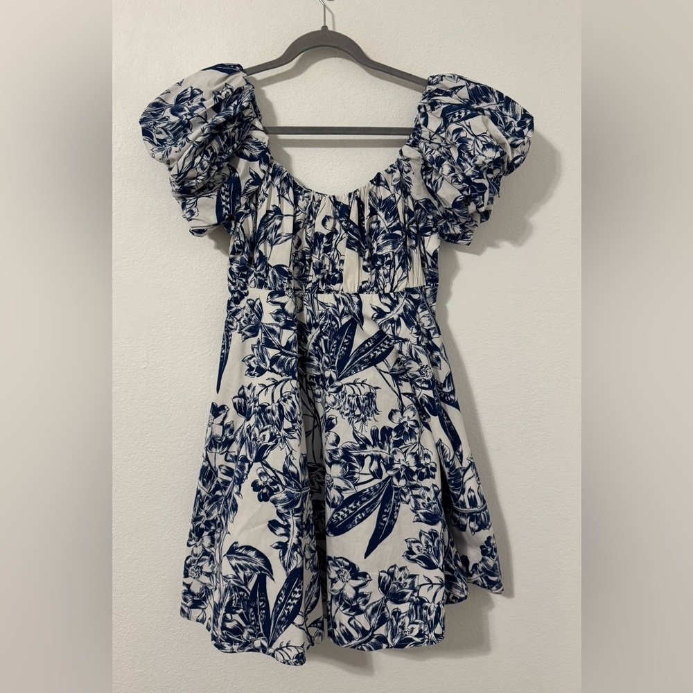 White & Navy Floral Puff-Sleeve Mini Dress